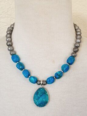 Southwestern Teal Blue Jasper & Silver Druzy Statement Pendant Necklace
